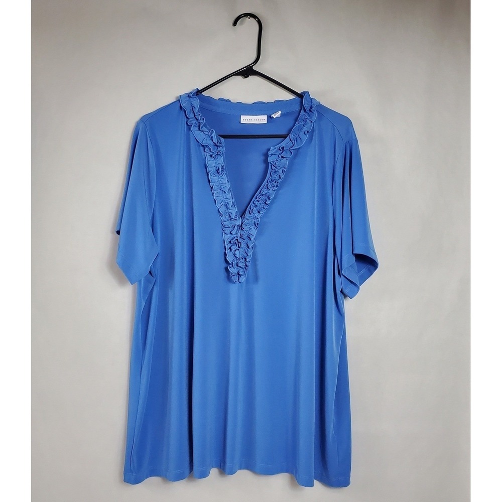 Susan Graver Blue Ruffled V Neck Short Sleeve Tunic Top Plus Size 2X